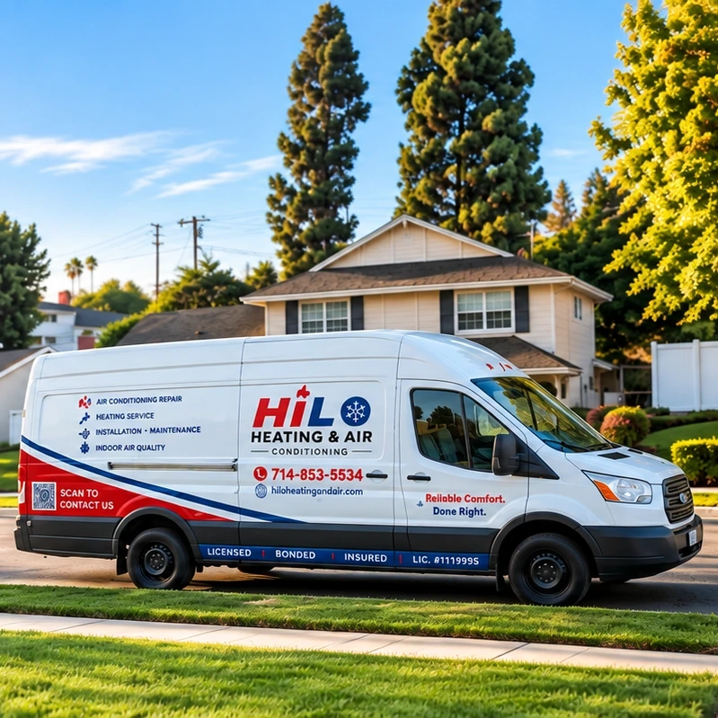 HiLo Heating & Air branded service van on a sunlit suburban street in Orange County